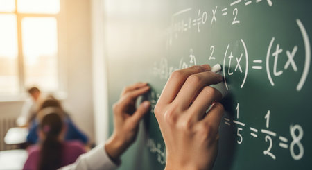 Close up of hands writing math formulas on a chalkboard. Students are in the background, learning in...