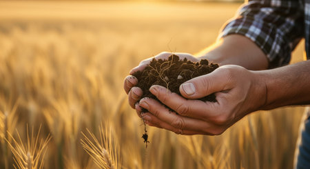 A farmer holds soil in his hands, with a wheat field in the background, during the golden hour. The...