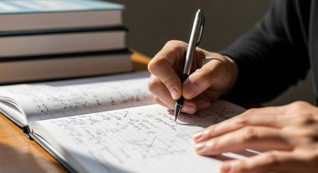 A close up of a person's hand writing in a notebook with a pen, with books in the background, and...