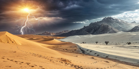 A stunning desert scene showcases a dramatic contrast between a sunlit, sandy area and a stormy,...