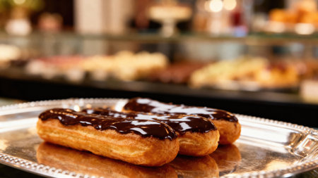 Three freshly baked chocolate eclairs sit on a silver tray, showcasing the rich, glossy chocolate...