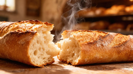 A delicious baguette, freshly baked and broken open, revealing a soft interior with steam rising,...
