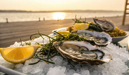 A close up of fresh oysters served on a bed of ice, garnished with lemon slices and greenery,...