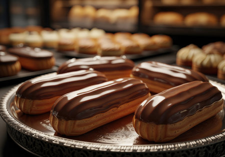 A close up of several chocolate eclairs on a silver platter, with more pastries in the background,...