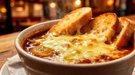 A steaming bowl of French onion soup is presented with golden, melted cheese and toasted bread slices, ready to be enjoyed.の写真素材