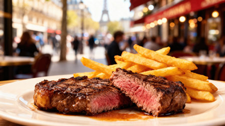This close up showcases a perfectly cooked steak with golden fries, set against a blurred Parisian street scene, and the Eiffel Tower.の写真素材
