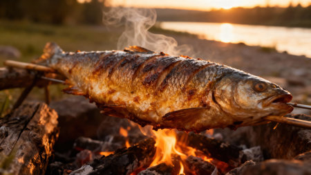A whole fish is roasted over an open fire, with flames and smoke rising against a beautiful sunset...
