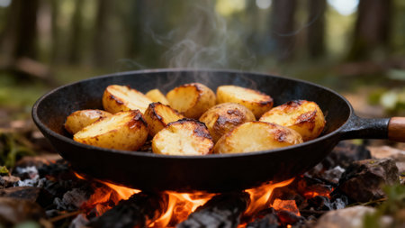 Delicious roasted potatoes sizzle in a cast iron skillet over a crackling campfire, creating a rustic outdoor cooking scene.の写真素材