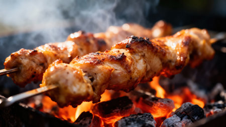 The close up captures the savory chicken skewers cooking over hot coals, with smoke rising. The...
