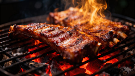 Close up of juicy ribs cooking on a grill with flames and glowing coals. The barbecue looks...