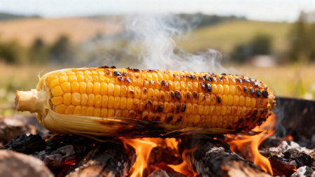 A close up of grilled corn on the cob cooking over a campfire with flames and smoke, in a natural...