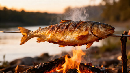 A whole fish is roasted over an open fire, with the golden sunset in the background, creating a warm and inviting scene.の写真素材