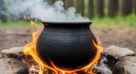 A close up view of a black pot on a campfire, with flames licking at the pot's base and smoke...