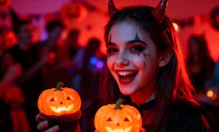A young woman with devil horns and face paint smiles brightly, holding two lit pumpkin decorations...