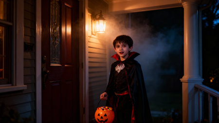 A young boy dressed as a vampire stands on a porch holding a jack-o'-lantern candy bucket, ready for trick-or-treating on Halloween.の写真素材