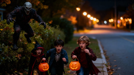 Three children dressed in costumes run down a street on Halloween night, scared by a monster that is chasing them.の写真素材