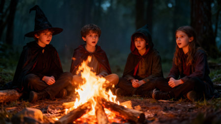 Four children are sitting around a campfire in a forest, looking at the flames with wonder. One is...