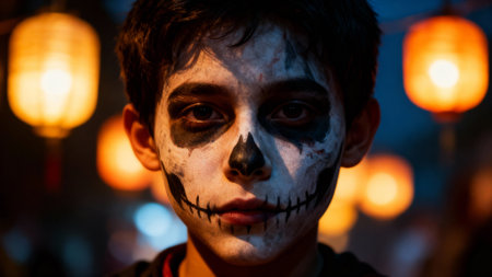 A close-up portrait of a young boy with skull face paint, illuminated by warm lanterns, celebrating...