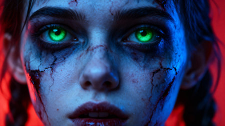 The woman's face is illuminated with a blue and red light, highlighting her striking green eyes and the cracks in her skin, creating a haunting effect.の写真素材