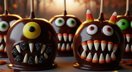 Close up of delicious Halloween candy apples decorated with monster faces, perfect for a spooky treat. Candy corn and leaves add to the festive atmosphere.の写真素材