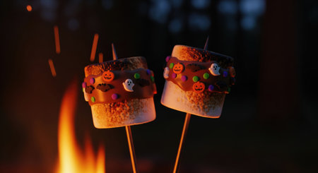 Close up of two marshmallows decorated with Halloween candies roasting over an open fire, creating a warm and inviting scene.の写真素材