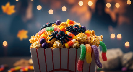 A close up of a popcorn box filled with Halloween treats, including candy corn, gummy worms, and...