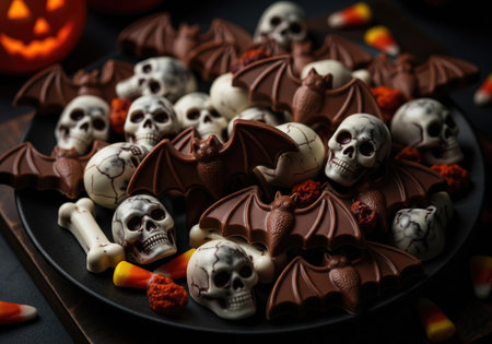 A close up of a plate filled with Halloween themed chocolates, including skulls and bats, perfect...