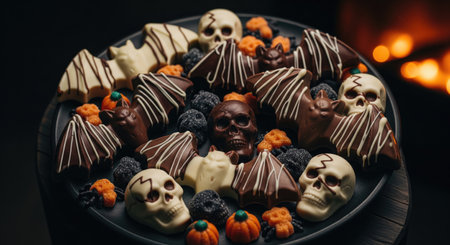 A close up of a plate filled with Halloween-themed chocolates, including bats, skulls, and pumpkins....