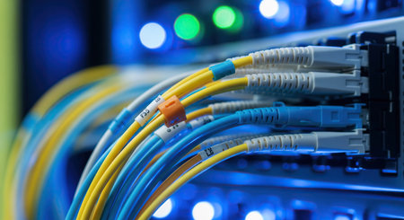 A close up of colorful network cables connected to a server in a data center, showcasing modern...