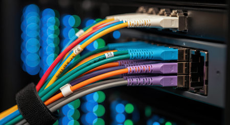 Close up of a server with many colorful cables connected, showcasing data transfer and network...