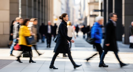 A group of people are walking on a city sidewalk, with a blurred motion effect. The scene is set during the day with natural light.の写真素材
