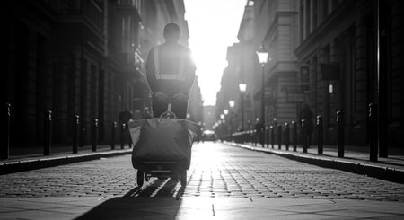 A delivery person is seen from behind, pushing a cart along a European street, with the sun shining brightly in the background.の写真素材