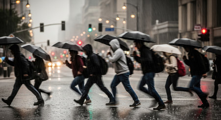 A group of people hurry across a city street during a downpour, sheltering under umbrellas and rushing to their destinations.の写真素材