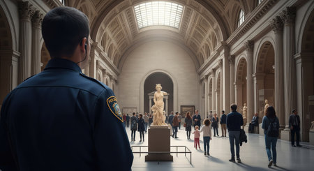 A security guard stands watch in a grand museum hall, observing the crowd of visitors admiring the art and architecture.の写真素材