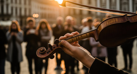 A musician plays the violin in a public square, bathed in the warm glow of the setting sun, with a crowd in the background.の写真素材