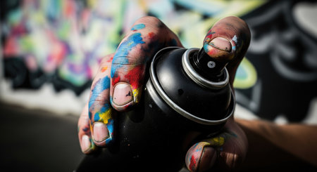 Close-up shot of a hand covered in vibrant paint holding a black spray paint can, ready to create art. The background is blurred.の写真素材