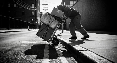 A person in a hoodie struggles to push a hand truck loaded with boxes along a city sidewalk,...