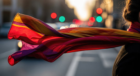 A woman stands on a city street with a vibrant scarf blowing in the wind, with traffic lights in the background.の写真素材