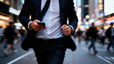 A man in a suit hurries through a busy urban environment, focused on his phone. The blurred background suggests movement and a sense of urgency.の写真素材