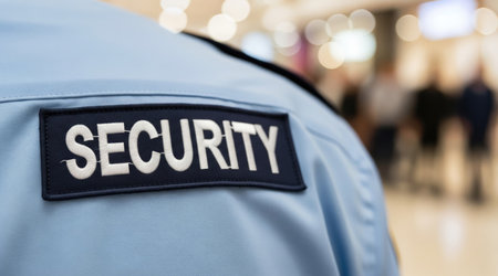 Close-up shot of a security guard's uniform, focusing on the 'SECURITY' patch. The blurred background suggests a public space, like a mall or airport.の写真素材