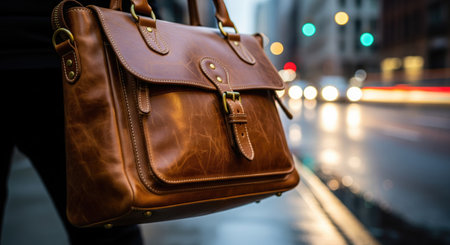 A close-up shot of a stylish brown leather briefcase, set against a blurred city backdrop with bokeh lights, suggesting a professional or travel theme.の写真素材