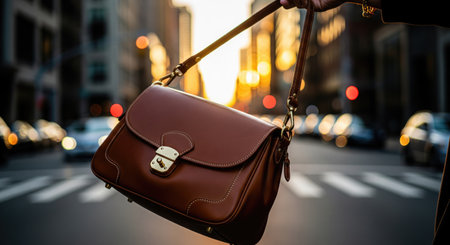 A stylish brown leather handbag is showcased against a blurred city backdrop, with the golden light of sunset adding warmth.の写真素材