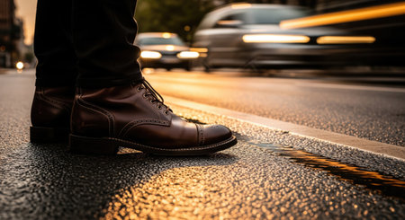 A close-up shot captures a man's stylish brown leather boots standing on a wet asphalt road, with blurred cars in the background during golden hour.の写真素材