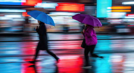 Two people are running in the rain at night, holding umbrellas, with motion blur effect, creating a sense of urgency and movement.の写真素材