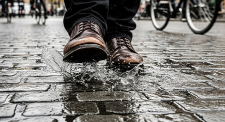 Close-up shot of a person's feet in brown leather shoes splashing water on a wet cobblestone street, with bicycles blurred in the background.の写真素材