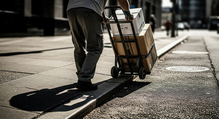 A person is seen from behind, pushing a hand truck loaded with boxes along a city sidewalk on a sunny day. The scene captures the essence of urban delivery.の写真素材