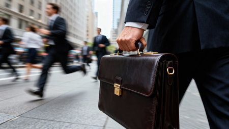 A man in a suit carries a briefcase while other blurred figures run in the background, suggesting a busy urban environment.の写真素材