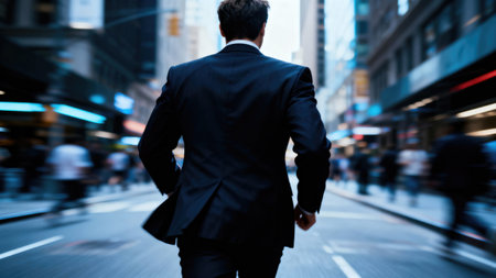 A man in a suit walks away from the camera, down a city street, with blurred background of buildings...