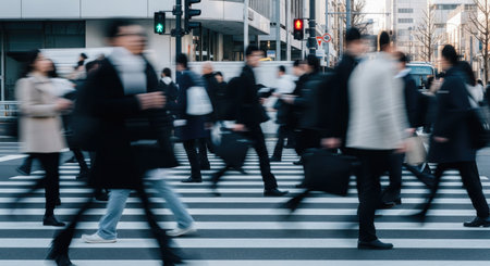 Blurred motion captures pedestrians walking across a crosswalk in a bustling urban environment, with traffic lights visible.の写真素材