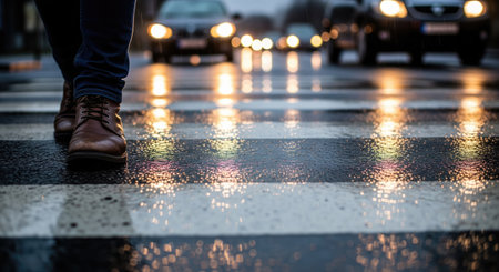 A person is walking across a crosswalk on a rainy day, with cars driving in the background and their lights reflecting on the wet pavement.の写真素材